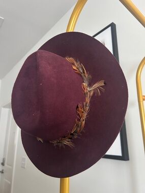 American Eagle Outfitters Burgundy Fedora with Feather Trim